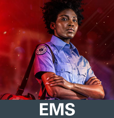 EMT in uniform with red EMS bag on one shoulder representing HAIX EMS boots category on a red background